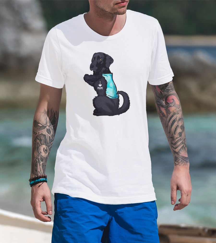 Black Labrador Dog With I Love Mom Heart Tattoo T-Shirt