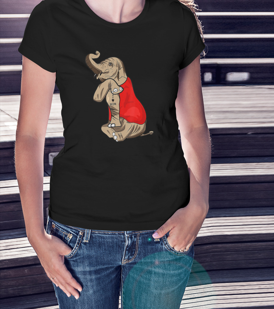 Elephant In Red I Love Mom Tattoos T-Shirt