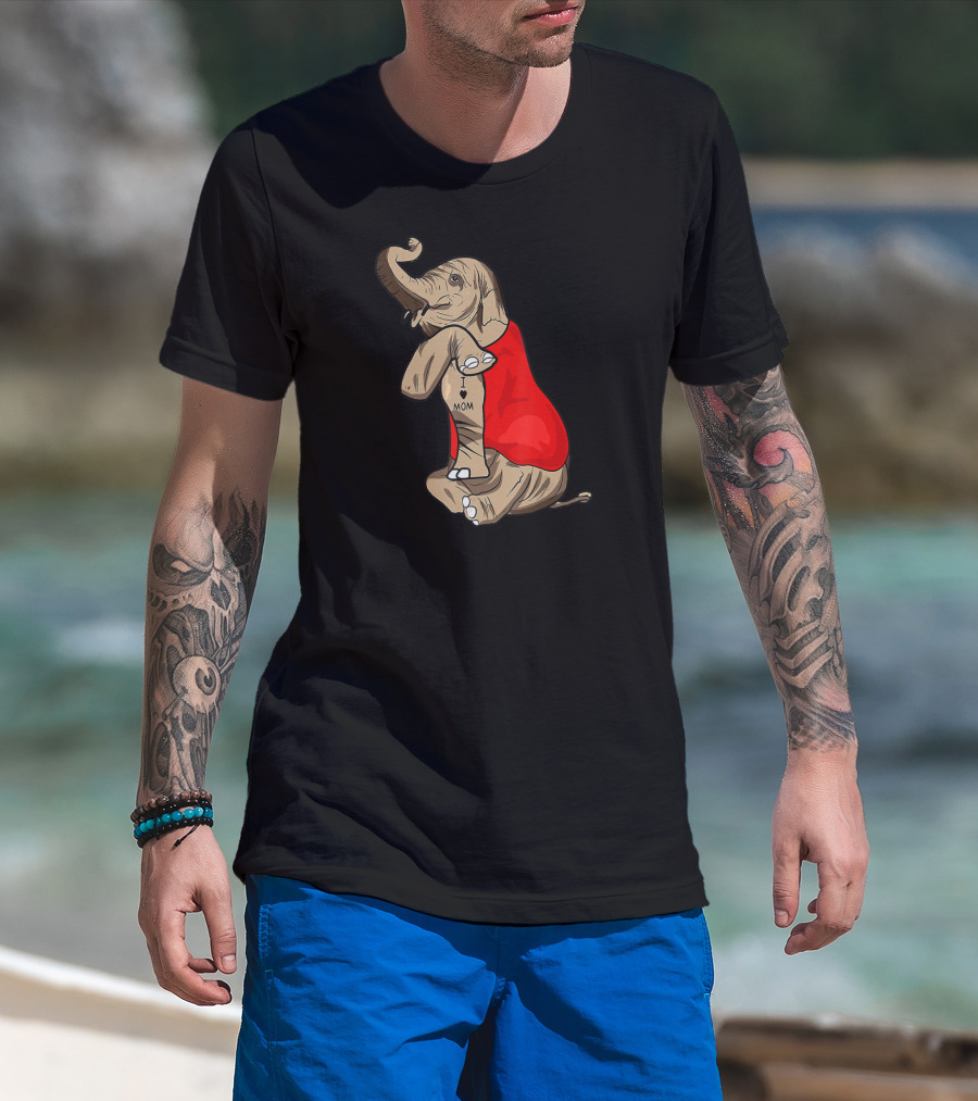 Elephant In Red I Love Mom Tattoos T-Shirt