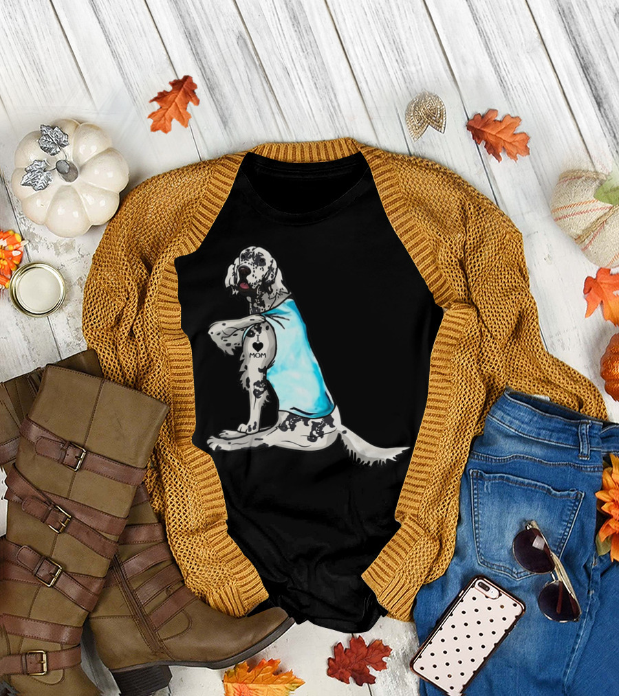 English Setter with I Love Mom Tattoo and Blue Bandana T-Shirt