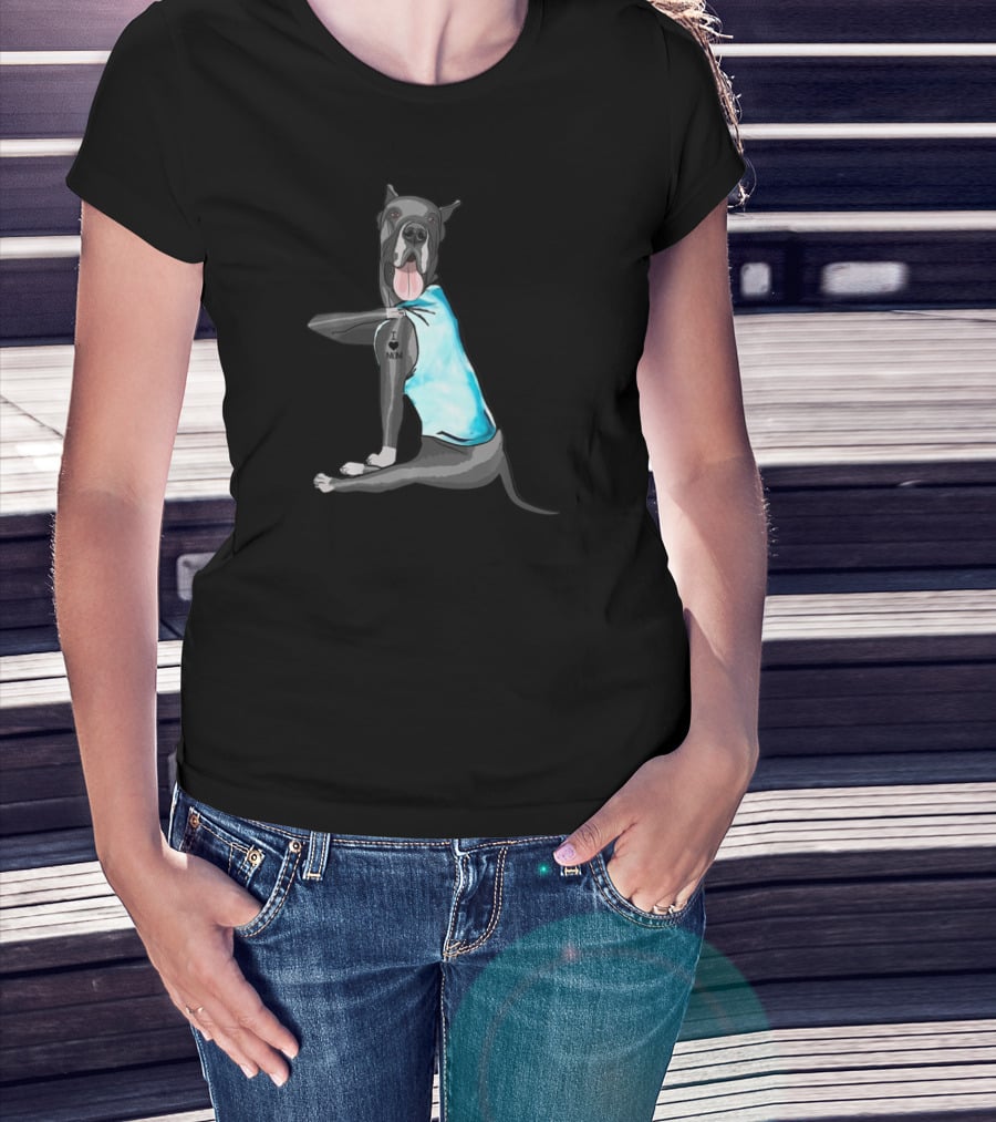 Great Dane I Love Mom Tattoo Dog In Blue Vest T-Shirt