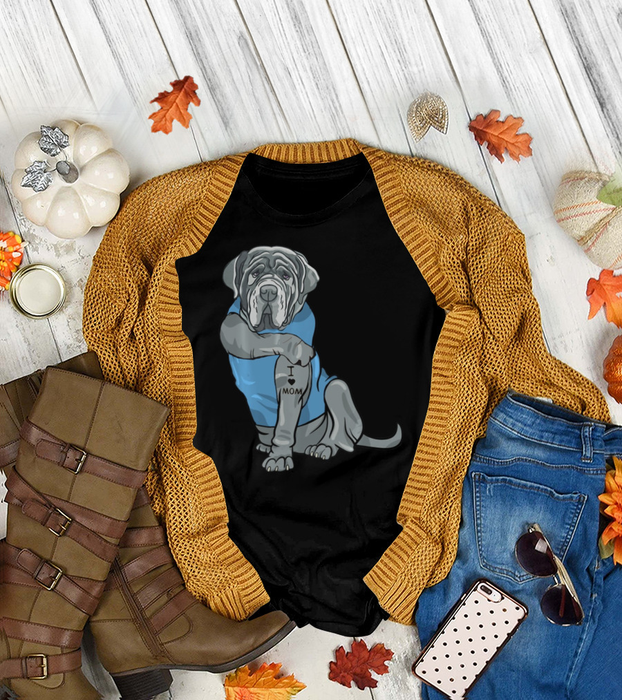 Neapolitan Mastiff I Love Mom Tattoo Dog Wearing Blue T-Shirt