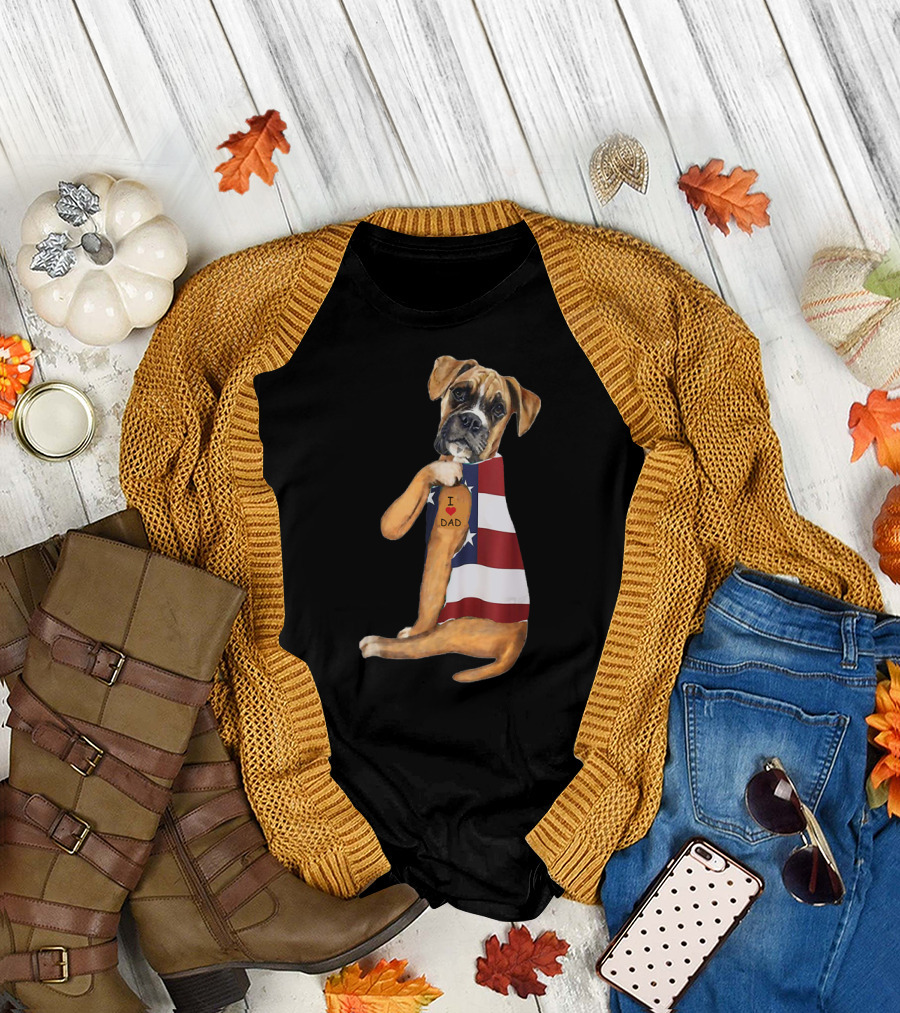 Boxer Dog I Love Dad American Flag T-Shirt