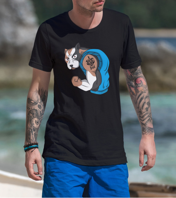 Funny Pit Bull Dog I Love Dad Tattoo Flexing Arm T-Shirt