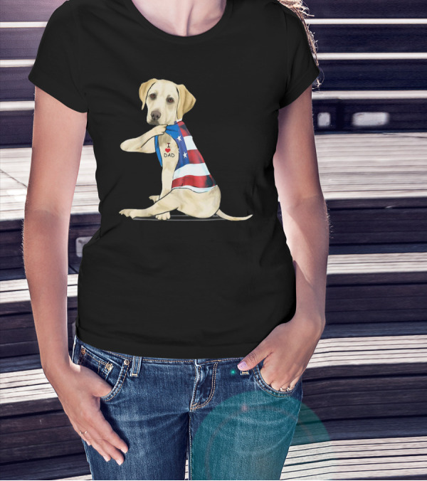 Labrador Retriever I Love Dad American Flag Dog Tattoo T-Shirt