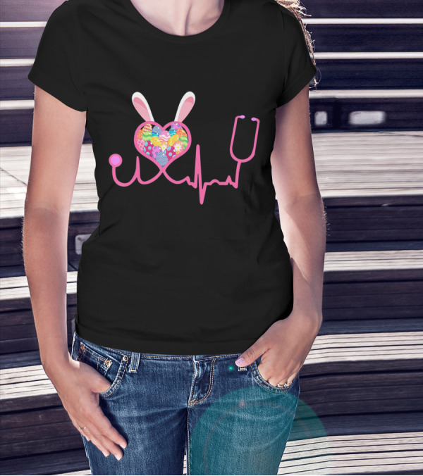 Nurse Easter Bunny Heartbeat And Stethoscope T-Shirt
