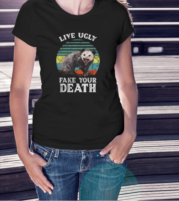 Live Ugly Fake Your Death Opossum Vintage Stripes T-Shirt