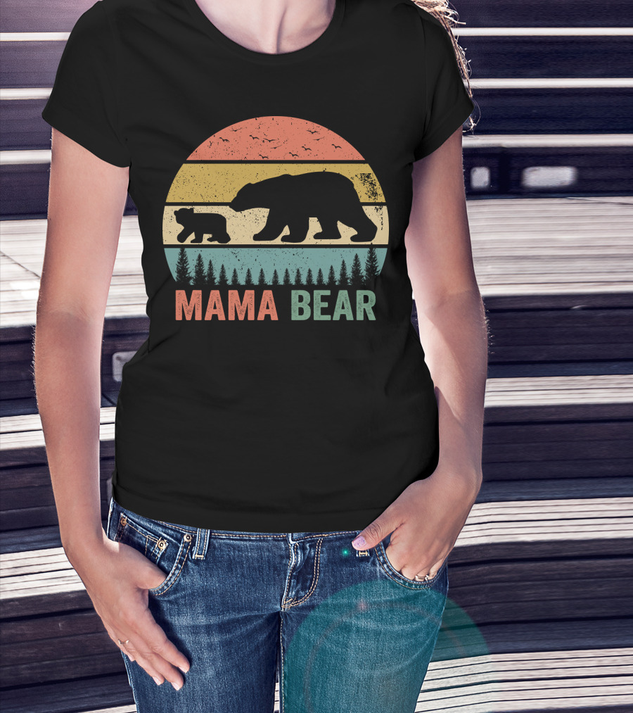 Mama Bear With Baby Cub Retro Sunset Silhouette Nature Scene T-Shirt