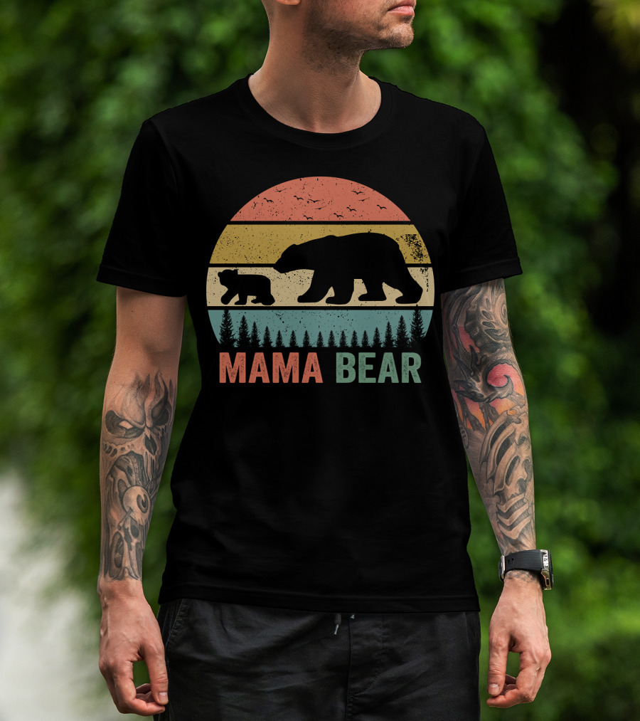 Mama Bear With Baby Cub Retro Sunset Silhouette Nature Scene T-Shirt
