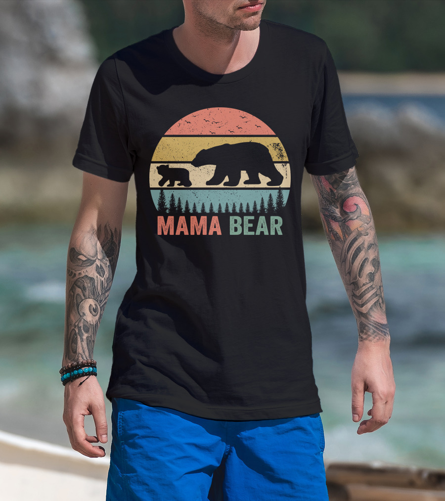 Mama Bear With Baby Cub Retro Sunset Silhouette Nature Scene T-Shirt
