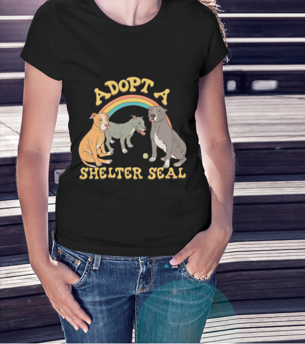 Adopt A Shelter Seal Pitbulls Rainbow Dogs T-Shirt