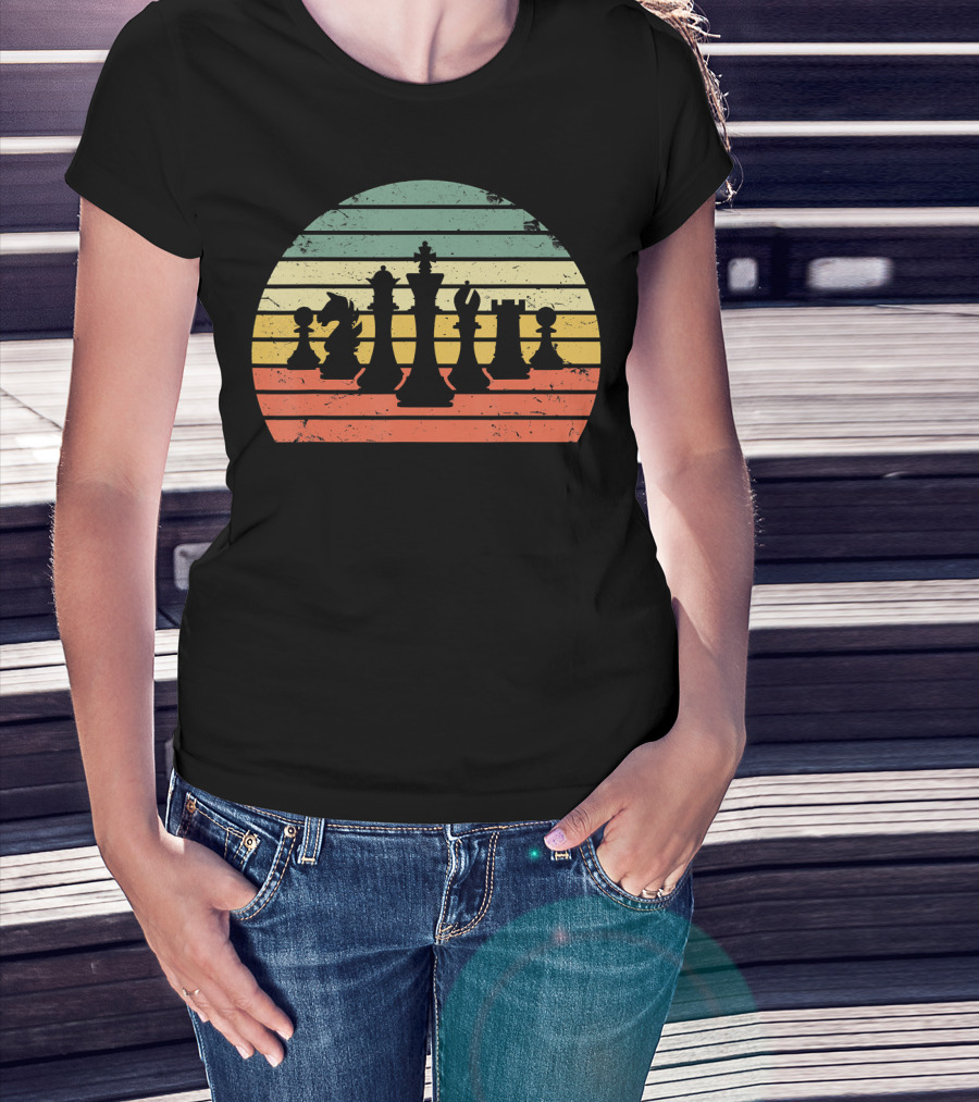 Chess Pieces Retro Sunset Stripes T-Shirt