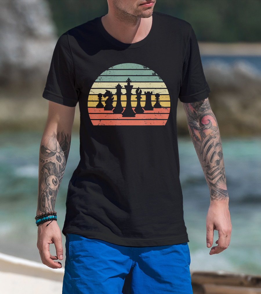 Chess Pieces Retro Sunset Stripes T-Shirt