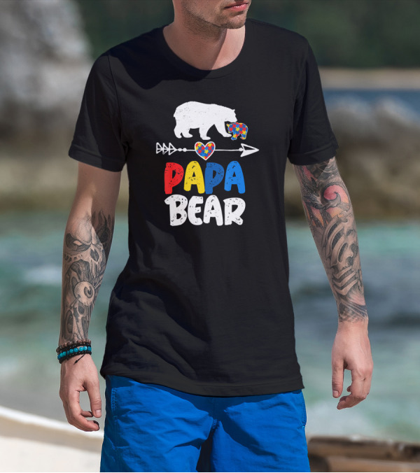Papa Bear Autism Awareness Puzzle Arrow Heart T-Shirt