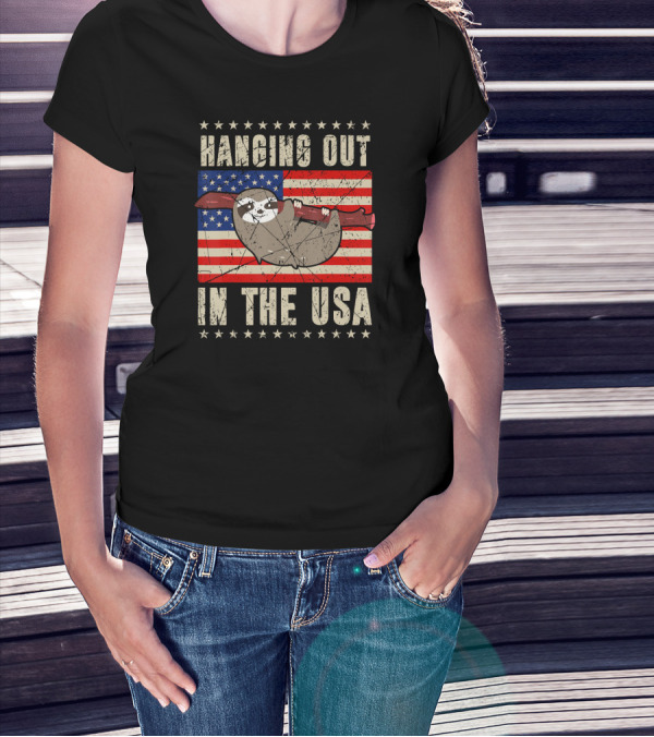 Sloth Hanging Out In The USA America Flag T-Shirt