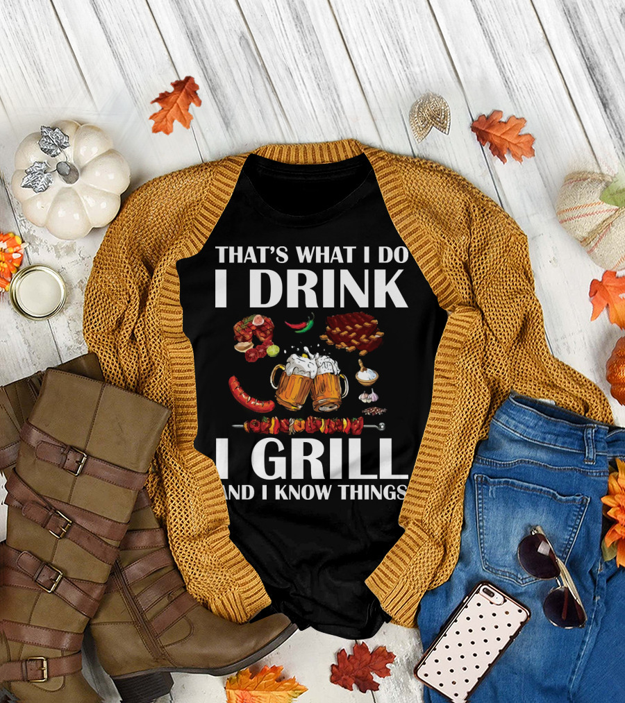That's What I Do I Drink I Grill And I Know Things Beer BBQ Ribs Garlic Pepper Skewer T-Shirt