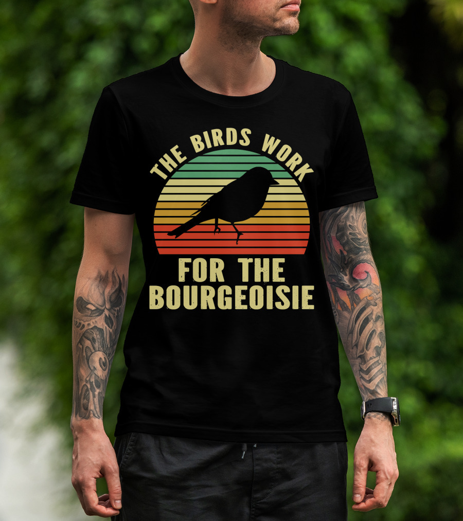 The Birds Work For The Bourgeoisie Retro Silhouette Bird Sunset Stripe T-Shirt