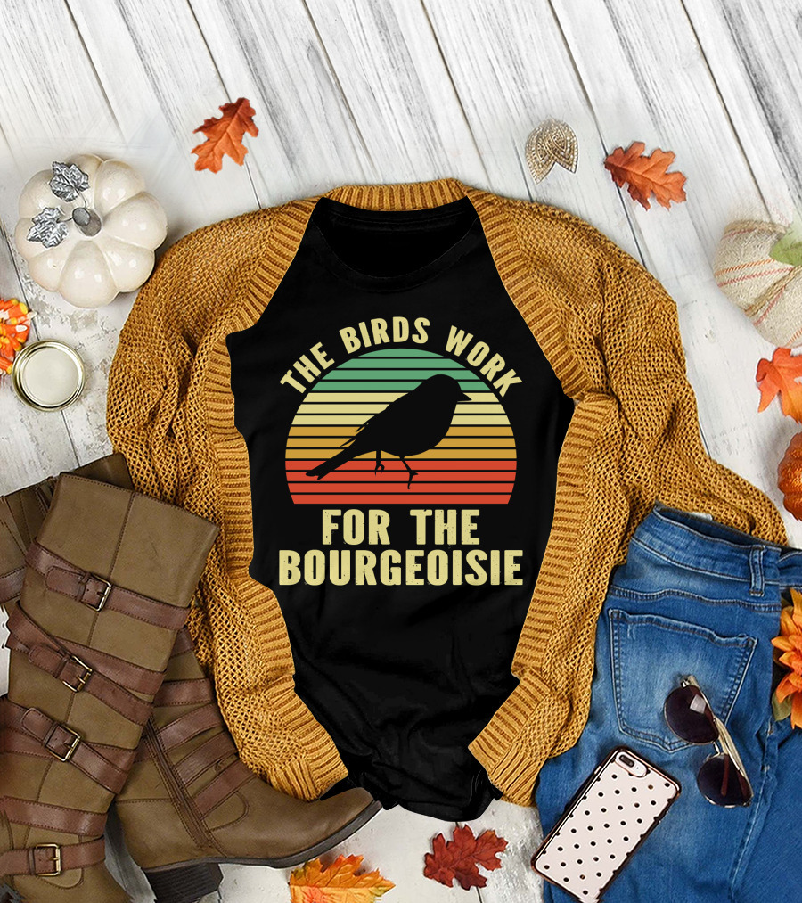 The Birds Work For The Bourgeoisie Retro Silhouette Bird Sunset Stripe T-Shirt