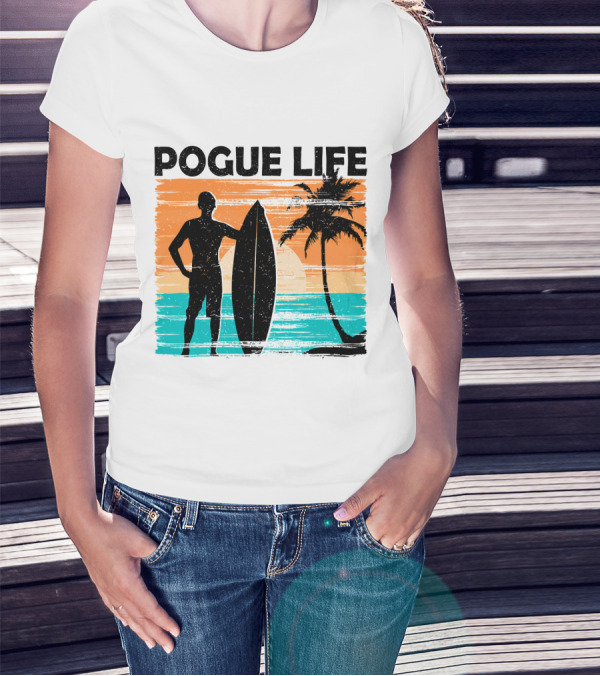 Pogue Life Outer Banks OBX Surf Silhouette Beach Sunset Palm Tree T-Shirt