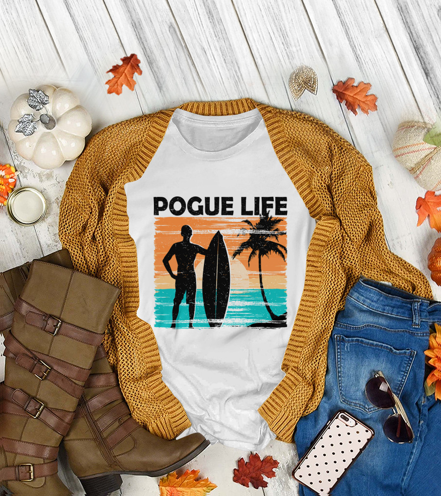 Pogue Life Outer Banks OBX Surf Silhouette Beach Sunset Palm Tree T-Shirt