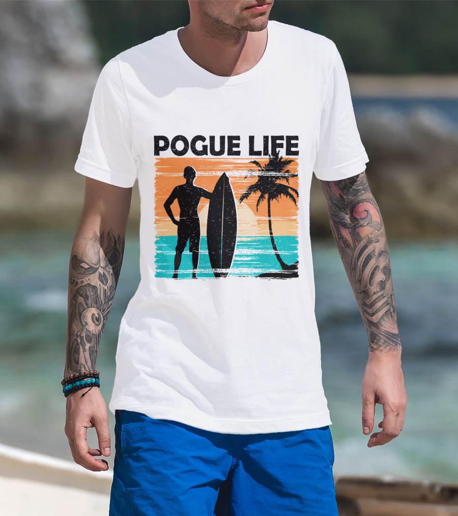 Pogue Life Outer Banks OBX Surf Silhouette Beach Sunset Palm Tree T-Shirt
