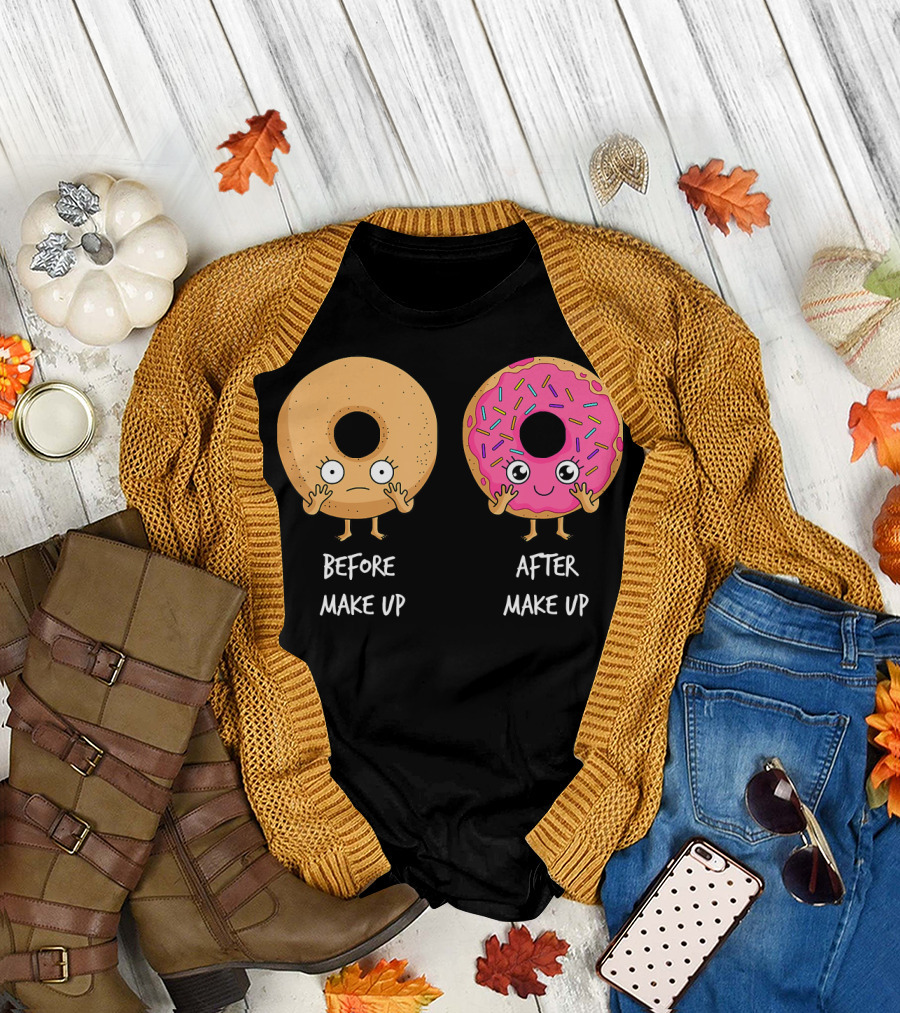 Donut Transformation Before After Makeup with Sprinkles T-Shirt