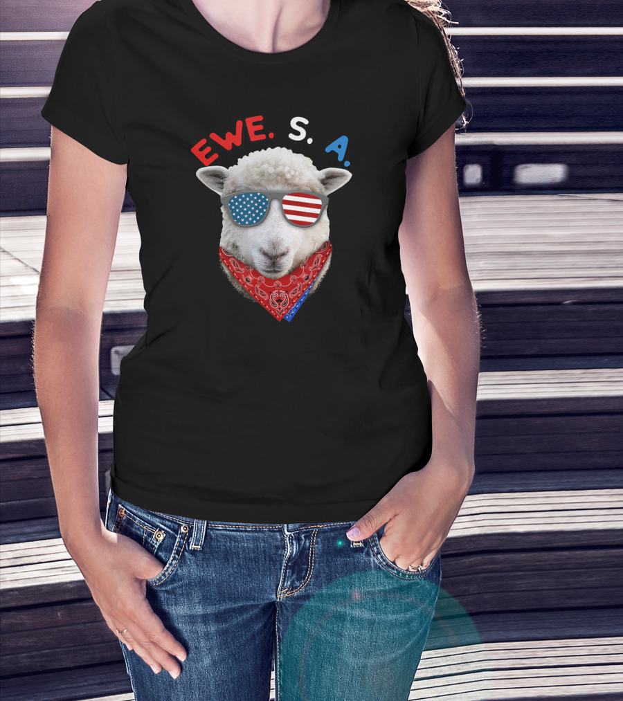 Ewe S A Sheep With USA Flag Sunglasses And Red Bandana T-Shirt