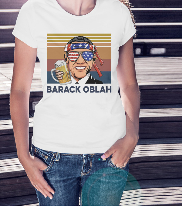 Barack Obama Oblah Drink Vintage USA Flag Headband And Stars Stripes Shades With Beer Mug T-Shirt