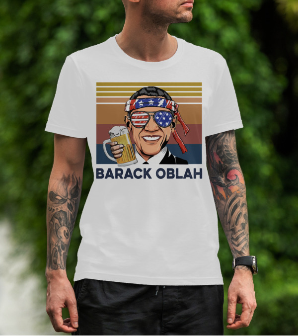 Barack Obama Oblah Drink Vintage USA Flag Headband And Stars Stripes Shades With Beer Mug T-Shirt