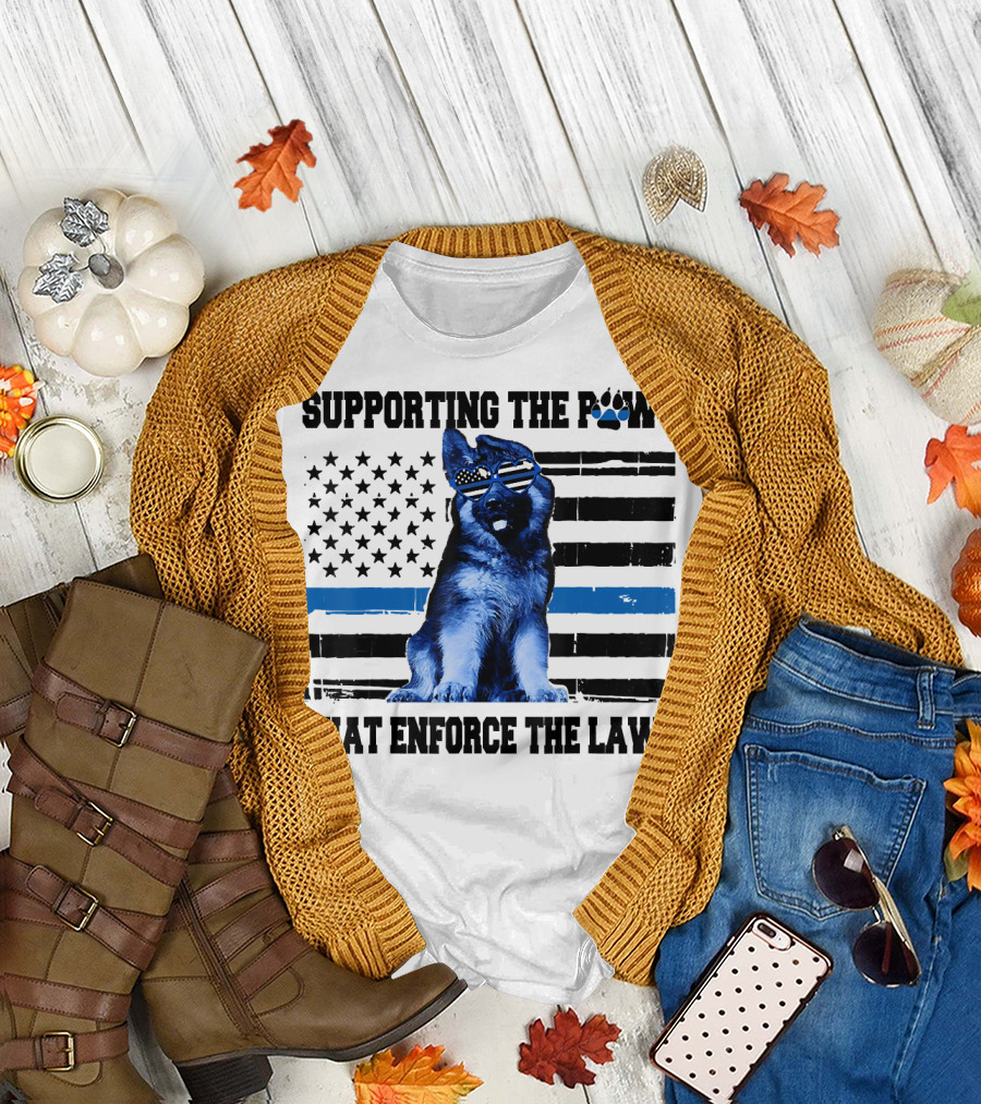 Supporting the Paws That Enforce the Laws Police Dog American Flag Sunglasses T-Shirt