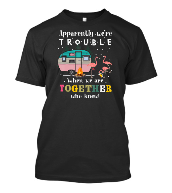 Apparently We're Trouble When We Are Together Who Knew Camping Flamingos Campfire T-Shirt