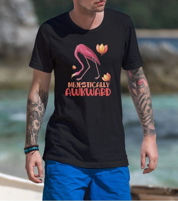 Majestically Awkward Flamingo With Colorful Leaves T-Shirt