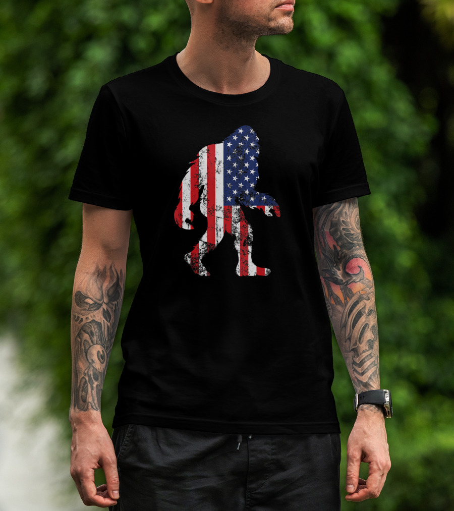 Patriotic Bigfoot Silhouette With American Flag Colors T-Shirt