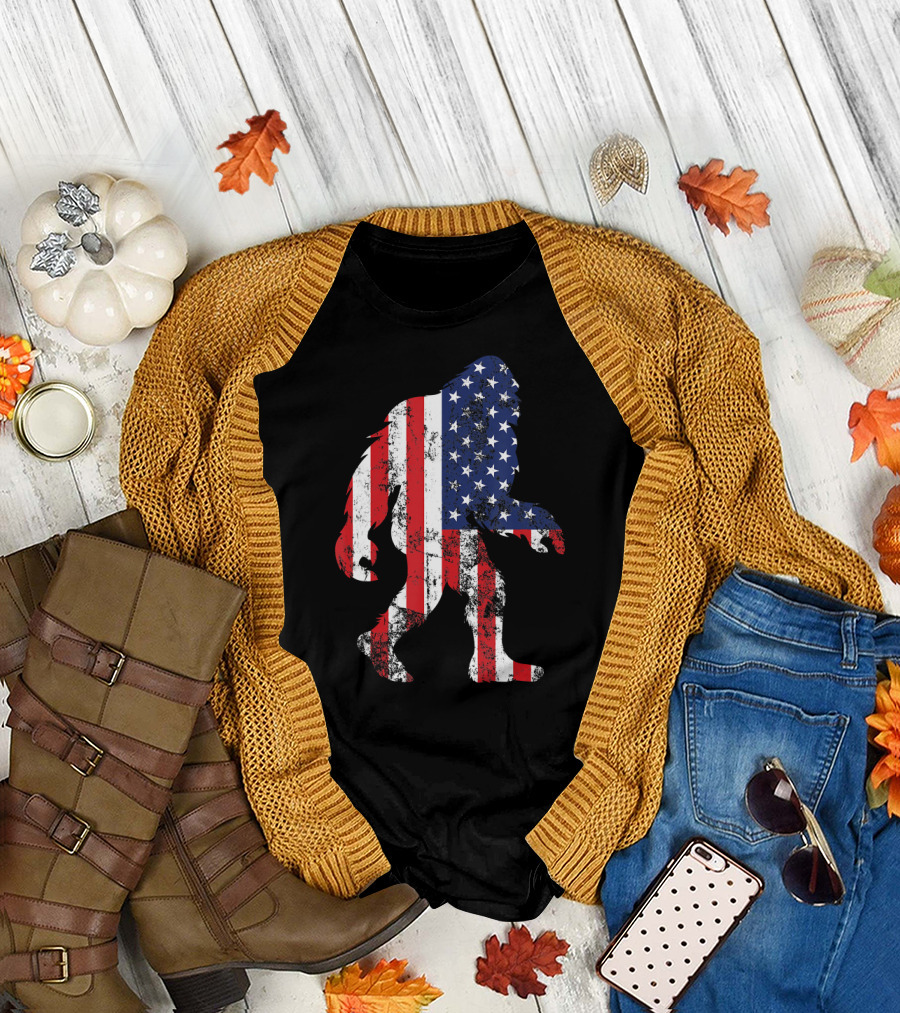 Patriotic Bigfoot Silhouette with American Flag Colors T-Shirt