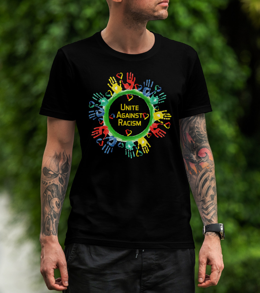 Unite Against Racism Colorful Handprints Circle With Hearts T-Shirt