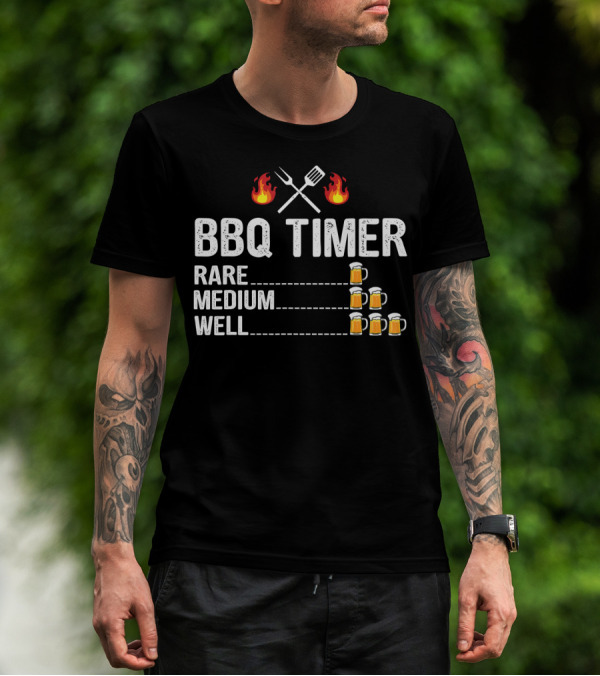 BBQ Timer Rare Medium Well Beer Flames Fork Spatula Mugs T-Shirt