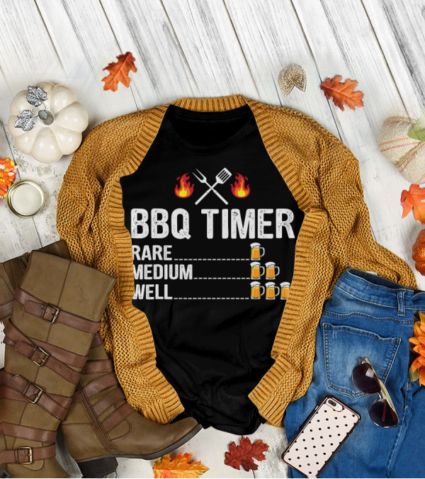 BBQ Timer Rare Medium Well Beer Flames Fork Spatula Mugs T-Shirt