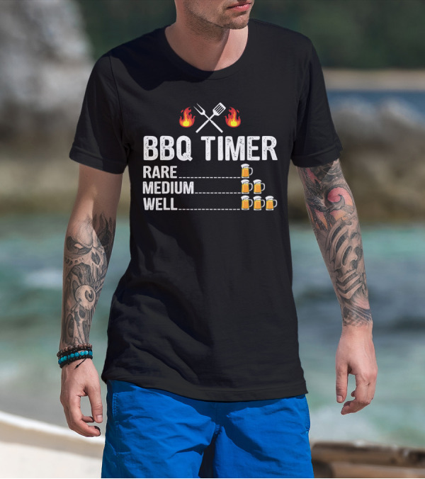 BBQ Timer Rare Medium Well Beer Flames Fork Spatula Mugs T-Shirt