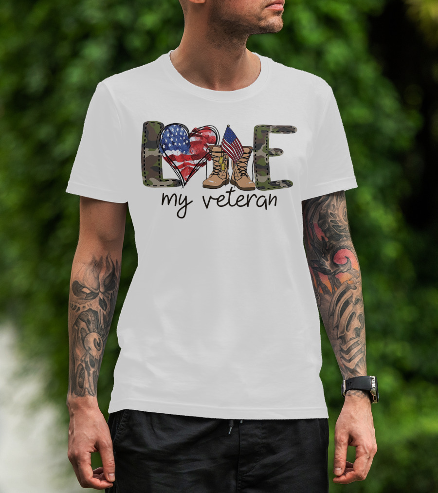 Love Camouflage Heart Boots American Flag My Veteran T-Shirt