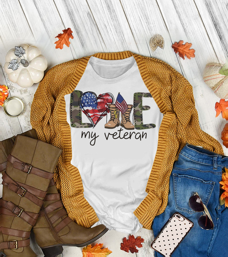 Love Camouflage Heart Boots American Flag My Veteran T-Shirt