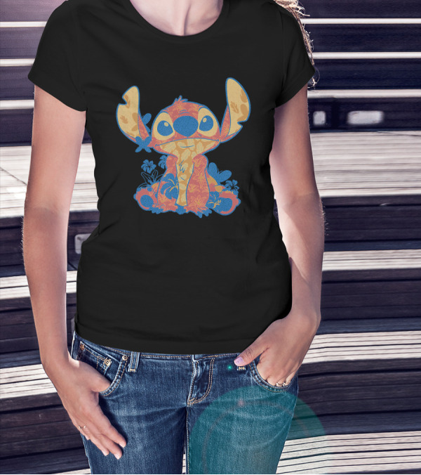 Disney Lilo Stitch Orange Blue Hawaiian Floral T-Shirt