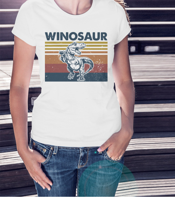 Winosaur Dinosaur With Wine Glass Retro Stripes T-Shirt