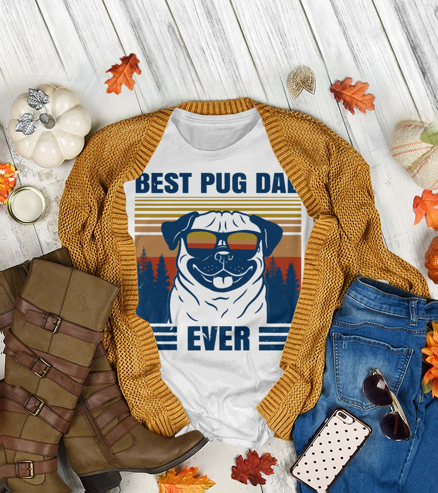 Best Pug Dad Ever Vintage Sunset Forest Retro T-Shirt