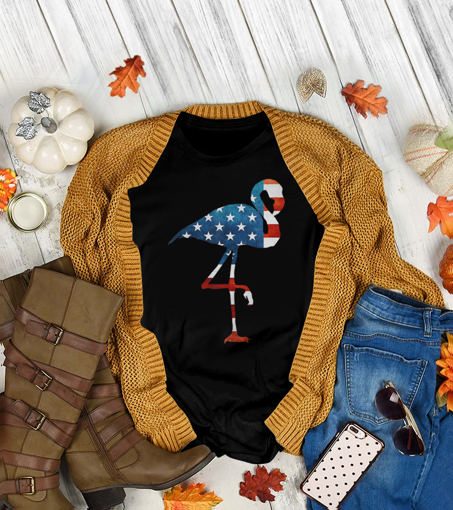 Flamingo Stars and Stripes American Flag 4th of July Celebrations T-Shirt