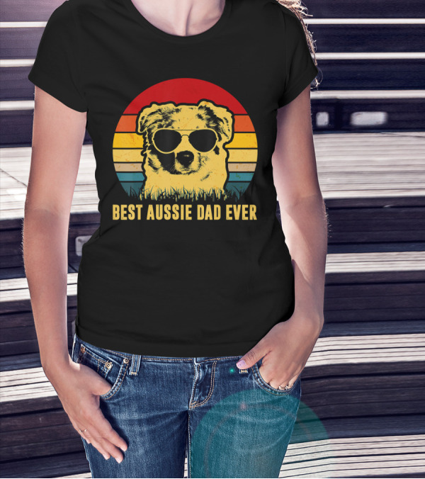 Best Aussie Dad Ever Vintage Dog Sunglasses Retro Stripes T-Shirt