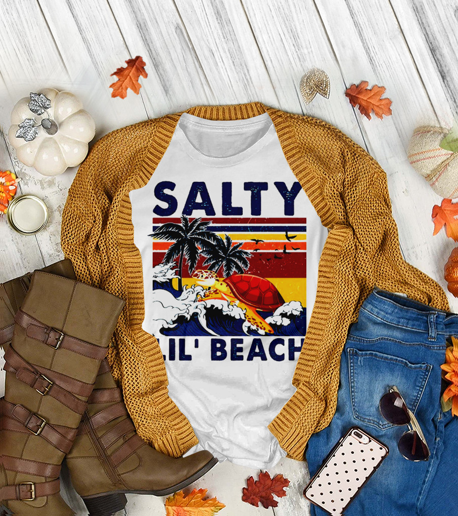 Salty Lil Beach Turtle Vintage Summer Retro Waves and Palms T-Shirt