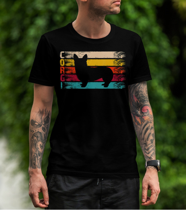 Distressed Vintage Corgi Silhouette Retro Stripes T-Shirt