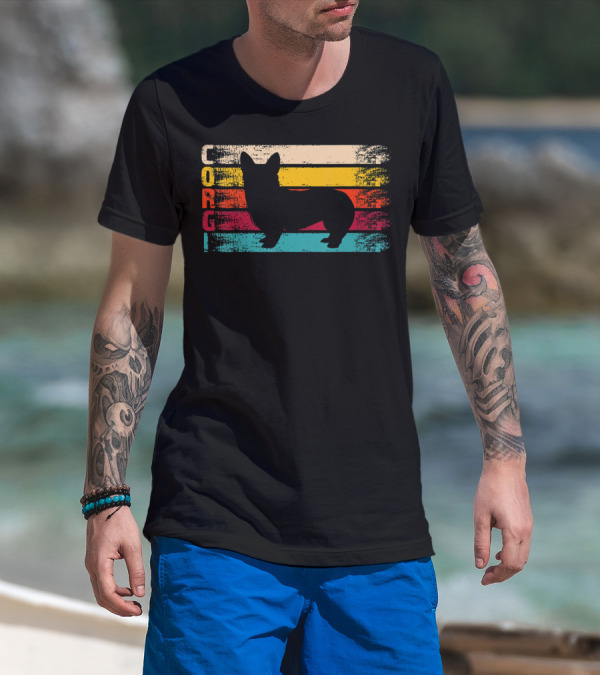 Distressed Vintage Corgi Silhouette Retro Stripes T-Shirt