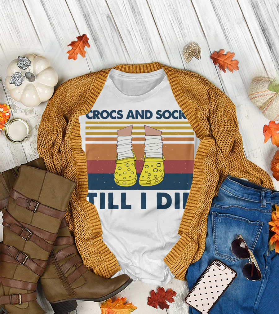 Crocs and Socks Till I Die Yellow Footwear Retro Stripes T-Shirt