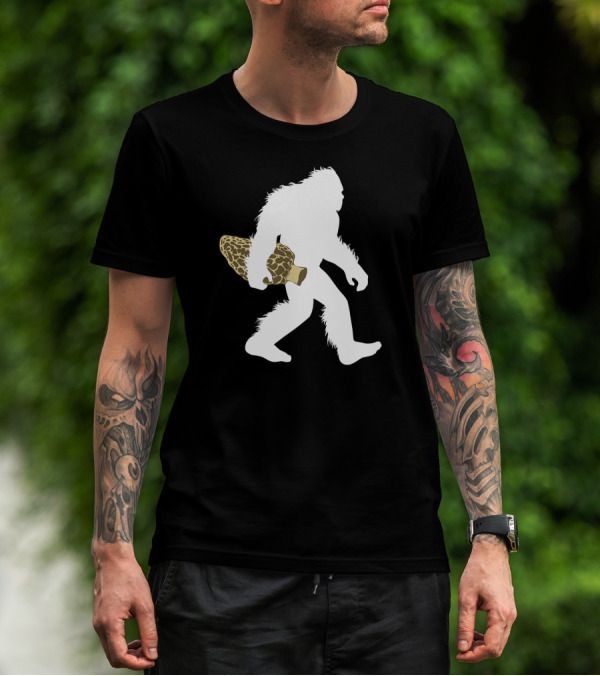 Bigfoot Silhouette Carrying Morel Mushroom T-Shirt